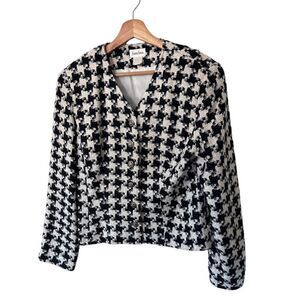 Neiman Marcus Black White Twead Silk Button Front Blazer Size 6 Classic